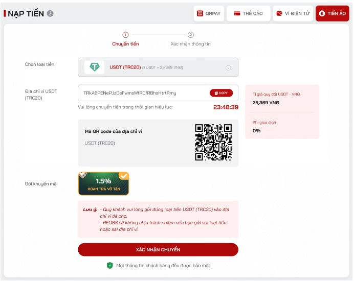 Hình thức nạp tiền Red88 qua Tiền Ảo USTD