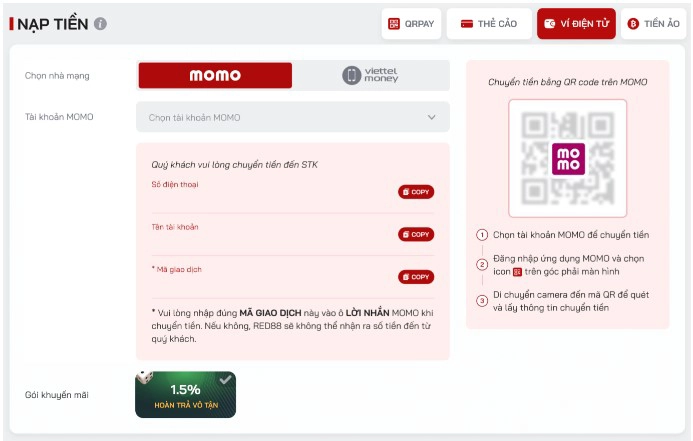 Hình thức nạp tiền Red88 qua Ví điện tử