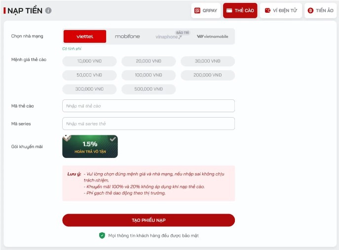 Hình thức nạp tiền Red88 qua thẻ cào.
