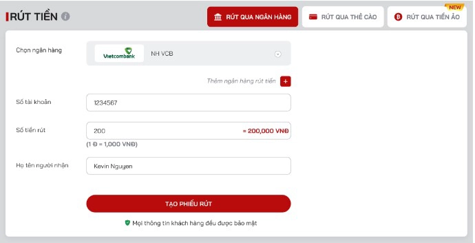 Rút Tiền Red88 qua hình thức chuyển khoản ngân hàng.