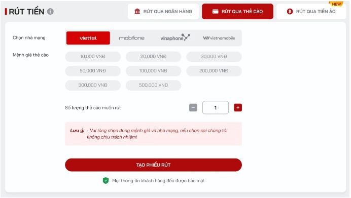 Rút Tiền Red88 qua hình thức thẻ cào điện thoại.