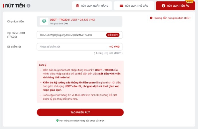 Rút Tiền Red88 qua hình thức tiền ảo USDT